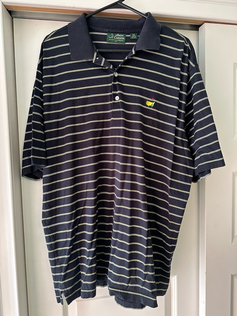 Vintage Masters Amen Corner Navy Blue Green Striped Polo Shirt Embroidered Sz XL
